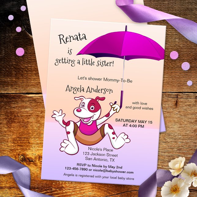 Invitación de Baby Shower a un perro divertido con (funny baby shower invitation featuring a happily jumping dog with fuchsia hot pink umbrella )