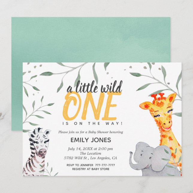 Invitación de Baby Shower a una acuarela Safari sa (Anverso / Reverso)