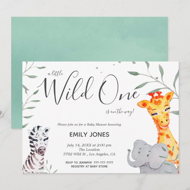 Invitación de Baby Shower a una acuarela Safari sa (Anverso / Reverso)