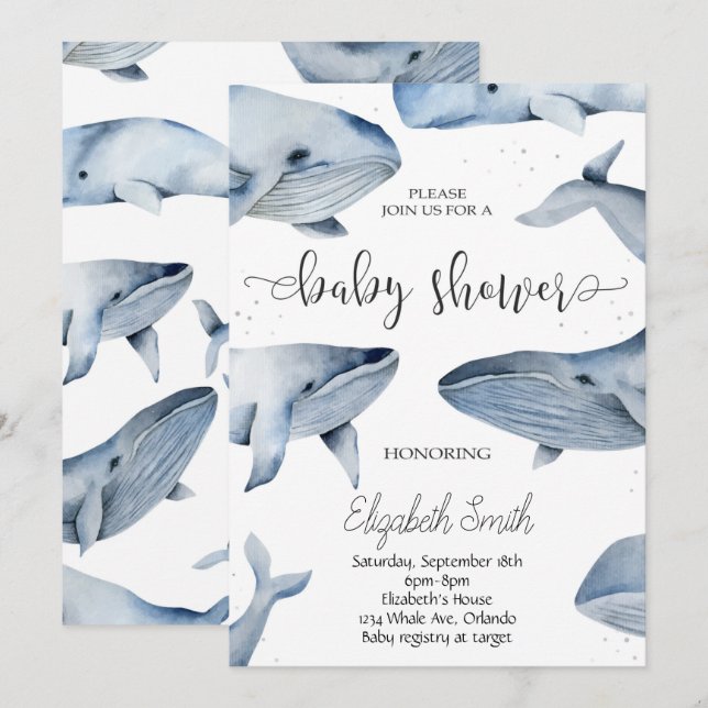 Invitación de Baby Shower a Whale Watercolor (Anverso / Reverso)