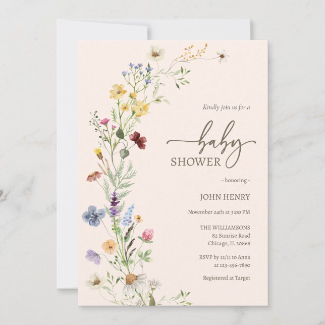 Invitación de Baby Shower a Wildflower Boho (Anverso)
