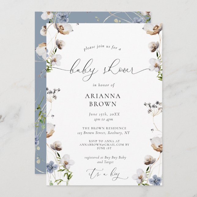 Invitación de Baby Shower a Wildflower Calligraphy (Anverso / Reverso)