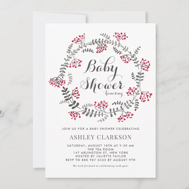 Invitación de Baby Shower a Winter Berries Wreath (Anverso)