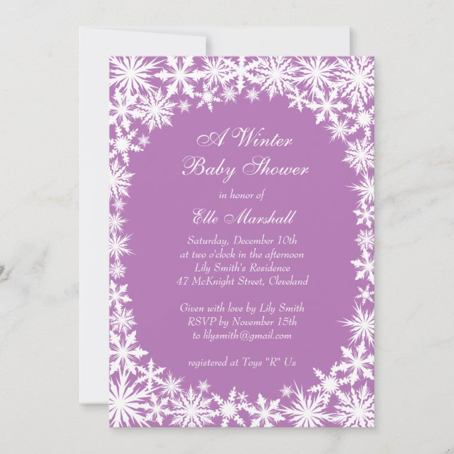 Invitación de Baby Shower a Winter Lace en Lilac (Anverso)