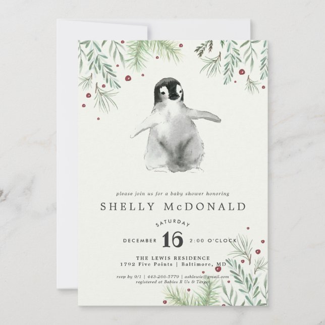 Invitación de Baby Shower a Winter Penguin (Anverso)