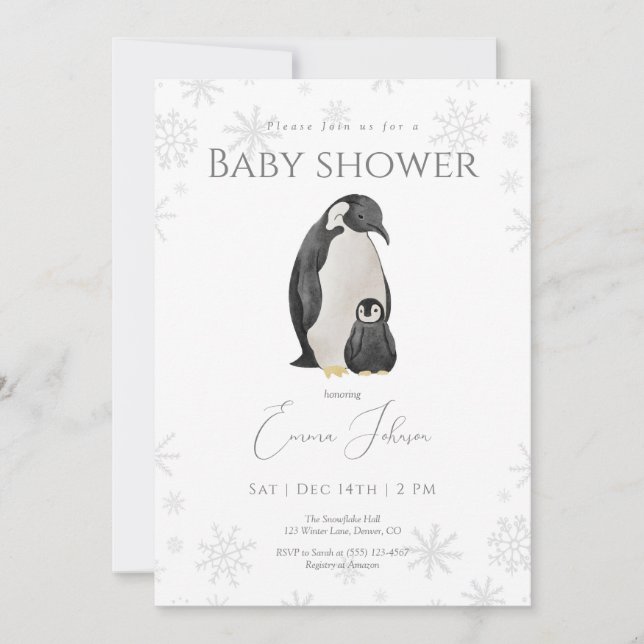 Invitación de Baby Shower a Winter Penguin | Copo  (Anverso)
