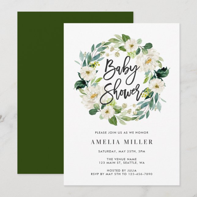 Invitación de Baby Shower a Wreath Floral blanca (Anverso / Reverso)