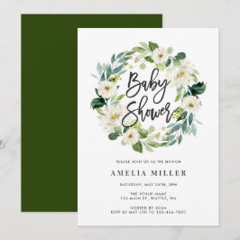 Invitación de Baby Shower a Wreath Floral blanca