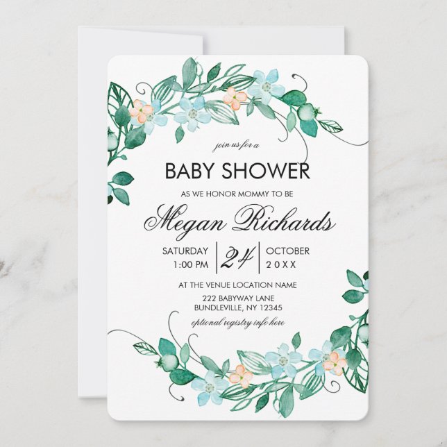 Invitación de Baby Shower a Wreath Floral Mint Pea (Anverso)