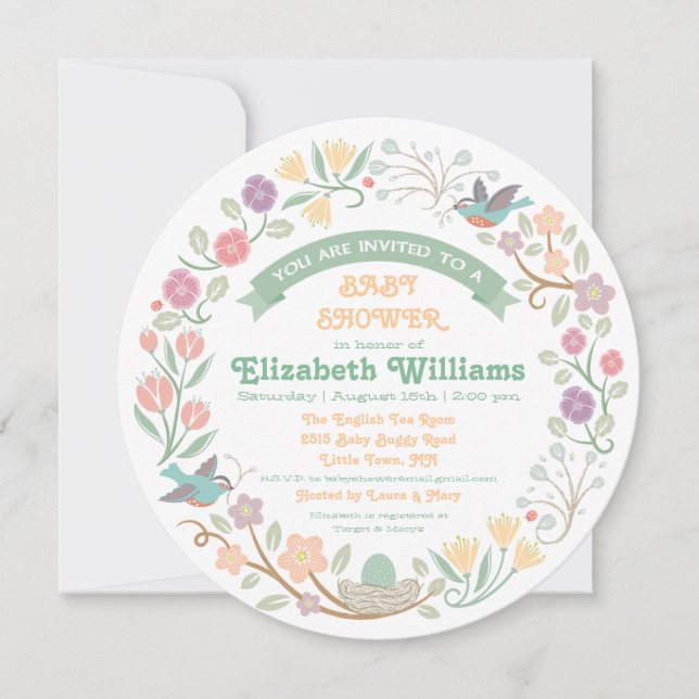 Invitación de Baby Shower a Wreath Floral Woodland (Anverso)