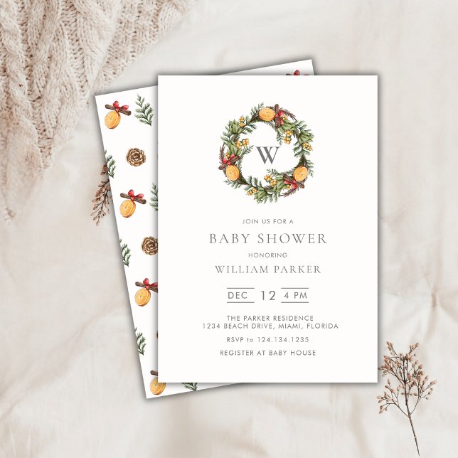 Invitación de Baby Shower a Wreath Wreath en invie (Winter Monogram Wreath Baby Shower Invitation)