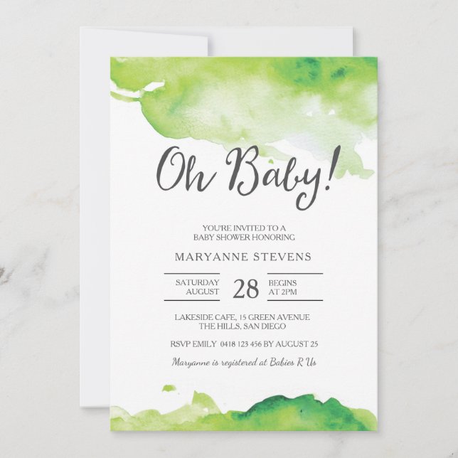 Invitación de Baby Shower | acuarela verde (Anverso)