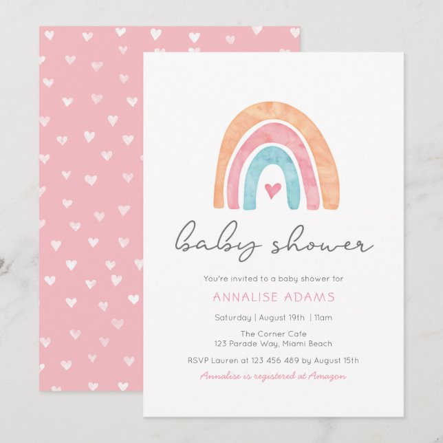 Invitación de Baby Shower al arco iris y los coraz (Anverso / Reverso)