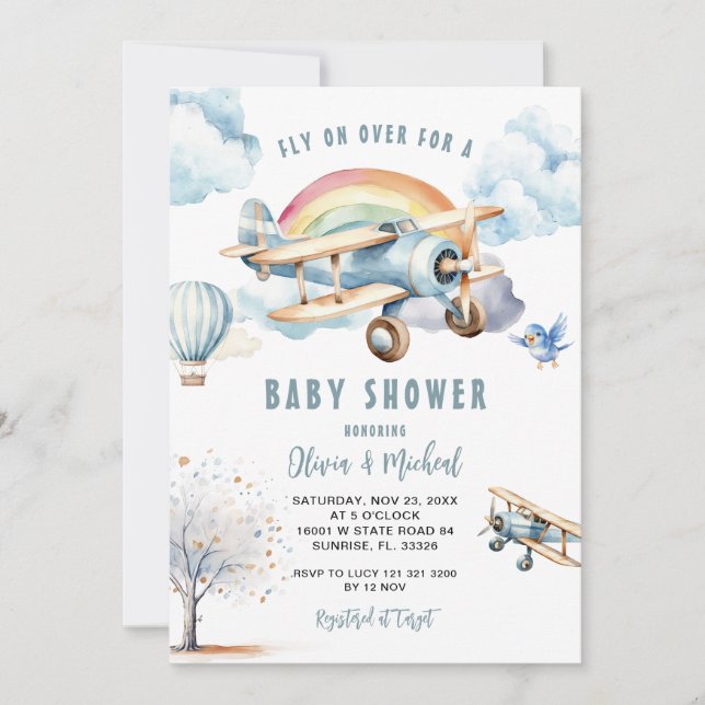 Invitación de Baby Shower al avión azul de Boy (Anverso)