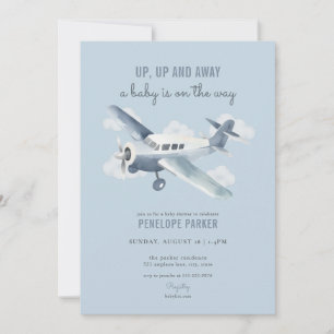 Invitación de Baby Shower al avión azul de época