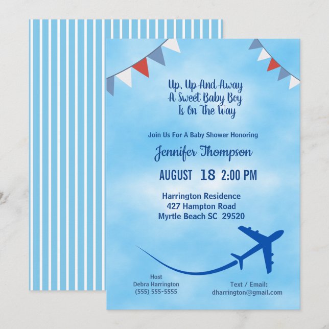 Invitación de Baby Shower al avión de Blue Boy (Anverso / Reverso)