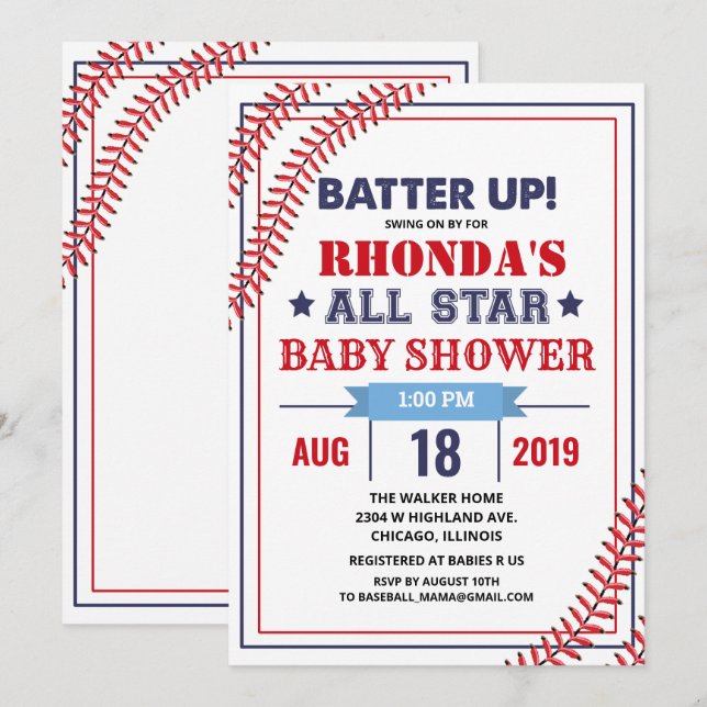 Invitación de Baby Shower al béisbol (Anverso / Reverso)
