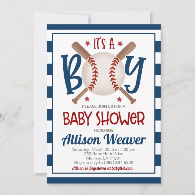 Invitación de Baby Shower al béisbol (Anverso)