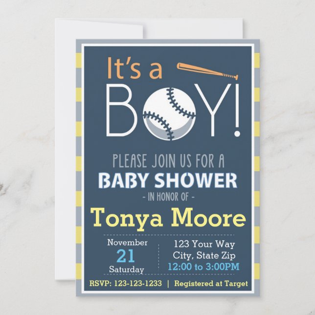 Invitación de Baby Shower al béisbol (Anverso)