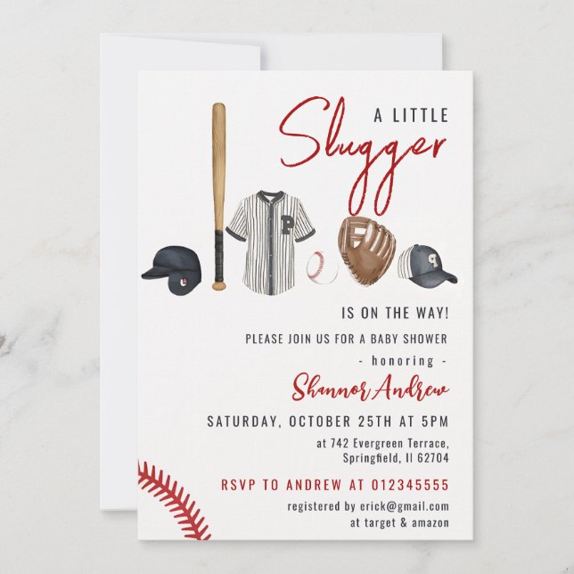 Invitación de Baby Shower al béisbol (Anverso)