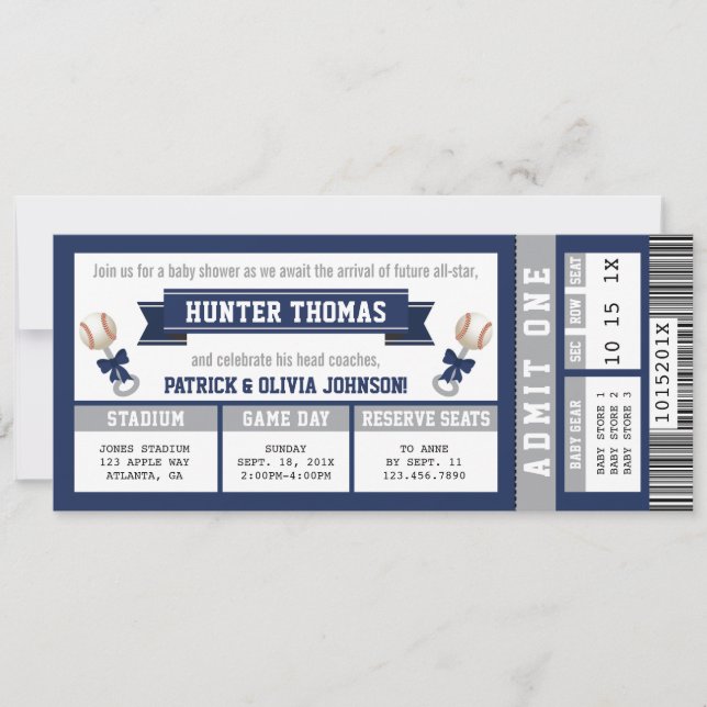 Invitación de Baby Shower al béisbol, azul, gris (Anverso)