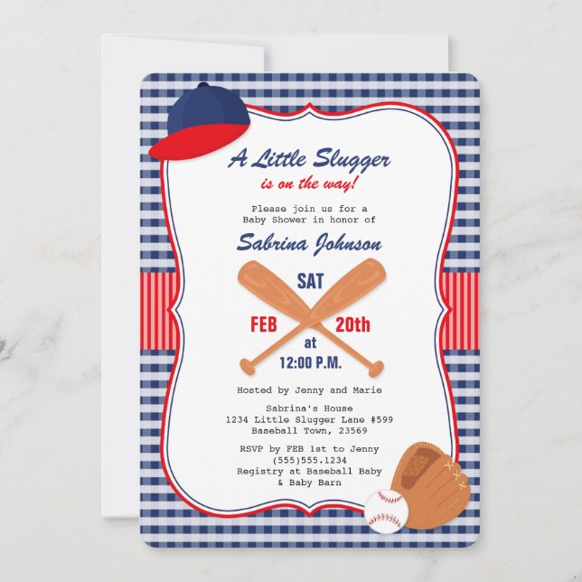 Invitación de Baby Shower al béisbol Rojo Azul Gin (Anverso)