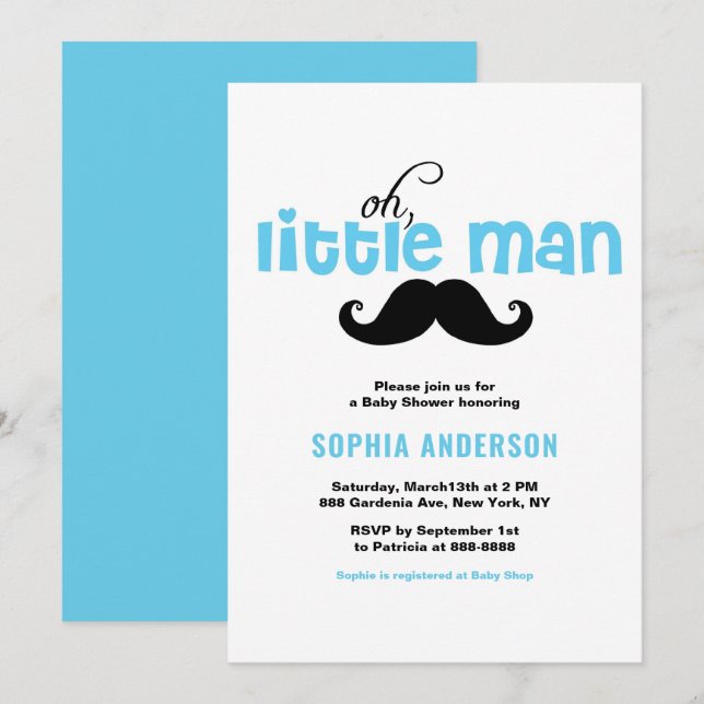 Invitación de Baby Shower al bigote azul (Anverso / Reverso)