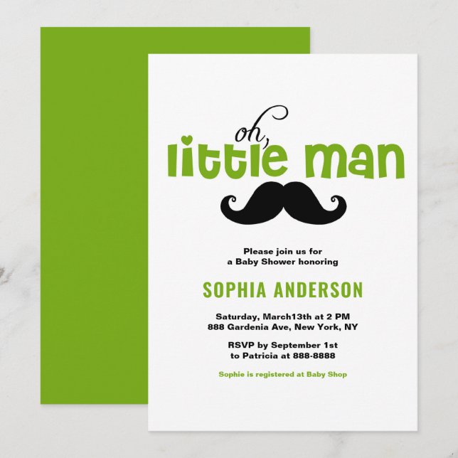 Invitación de Baby Shower al bigote verde (Anverso / Reverso)