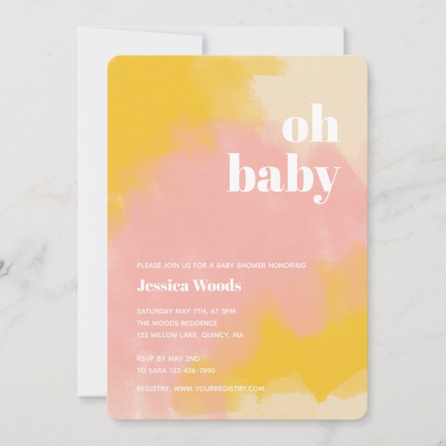 Invitación de Baby Shower al boho rosa y amarillo (Anverso)