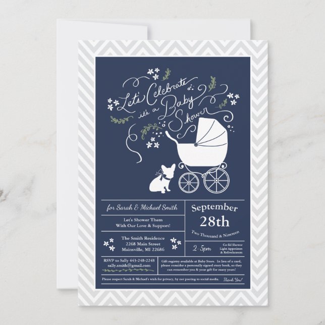 Invitación de Baby Shower al Bulldog francés (Anverso)