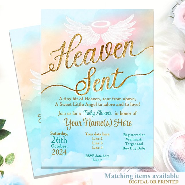 Invitación de Baby Shower al Cielo Neutral de Géne (Gender Neutral Little Angel Baby shower turquoise pink blue gold unisex reveal)