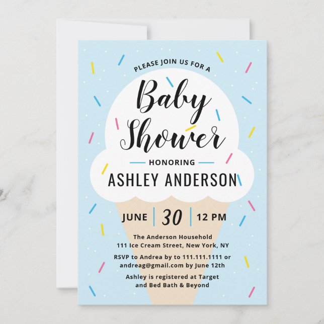 Invitación de Baby Shower al Crema de hielo azul d (Anverso)