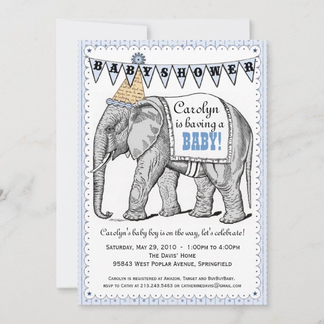 Invitación de Baby Shower al desfile de elefantes  (Anverso)