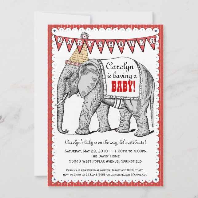 Invitación de Baby Shower al desfile de elefantes  (Anverso)