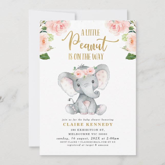 Invitación de Baby Shower al Elefante de Maní Flor (Anverso)