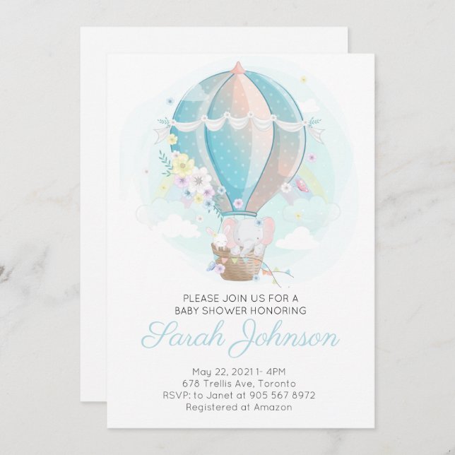 Invitación de Baby Shower al Elefante en Globo de  (Anverso / Reverso)