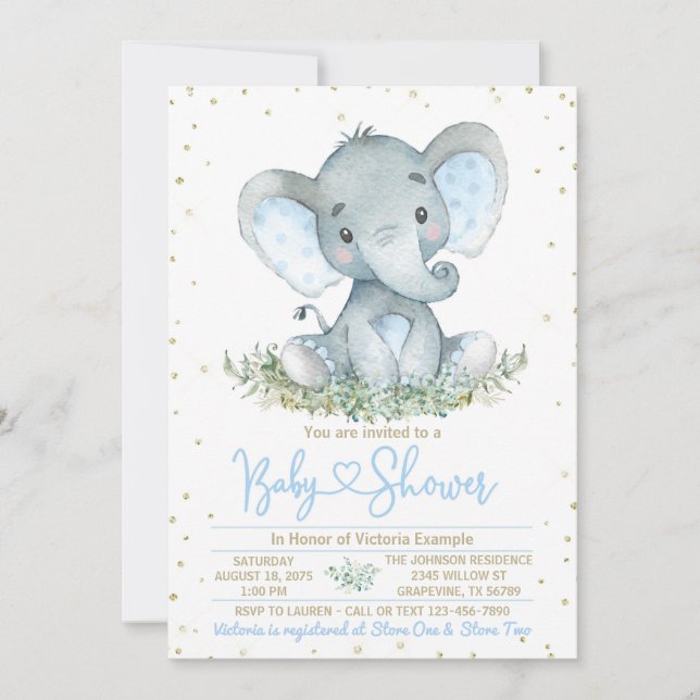 Invitación de Baby Shower al Elephant Blue Gold (Anverso)