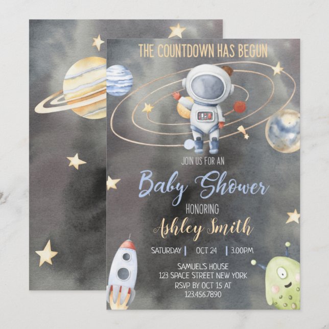 Invitación de Baby Shower al espacio astronauta (Anverso / Reverso)