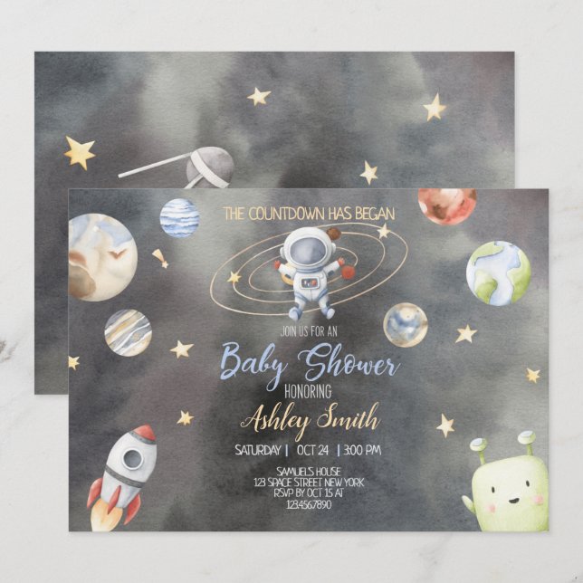 Invitación de Baby Shower al espacio astronauta (Anverso / Reverso)