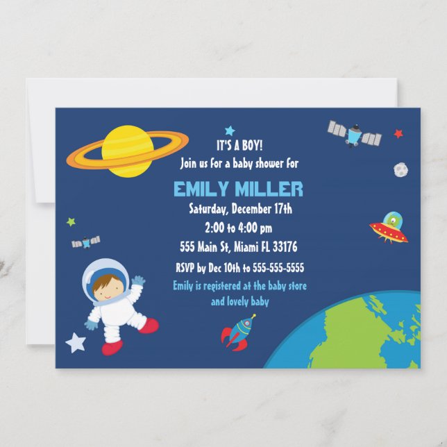 Invitación de Baby Shower al espacio astronauta (Anverso)