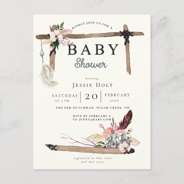 Invitación de Baby Shower al estilo del Boho Occid (Anverso)