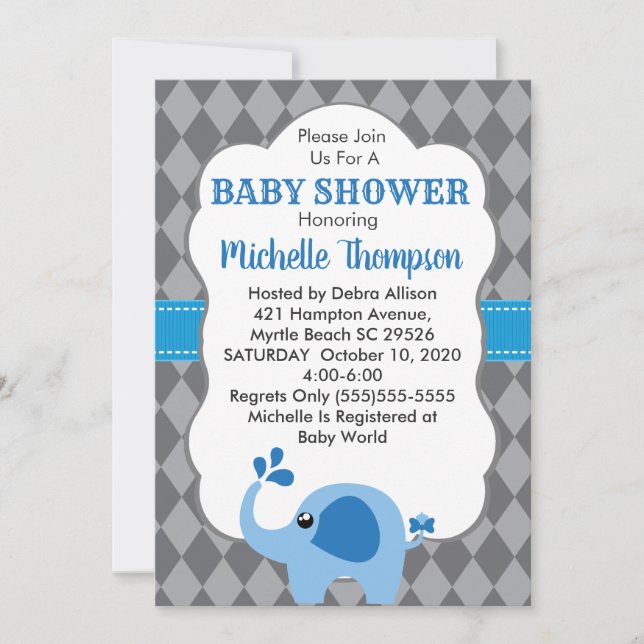 Invitación de Baby Shower al fondo gris de elefant (Anverso)