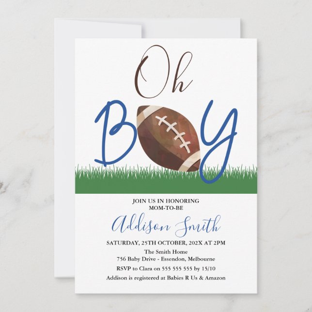 Invitación de Baby Shower al fútbol de Oh Boy (Anverso)