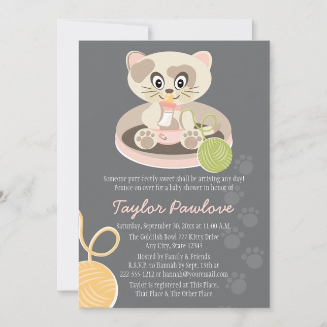 Invitación de Baby Shower al gato en pañales rosad (Anverso)