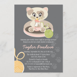 Invitación de Baby Shower al gato en pañales rosad