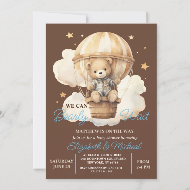 Invitación de Baby Shower al globo de Oso Teddy (Anverso)