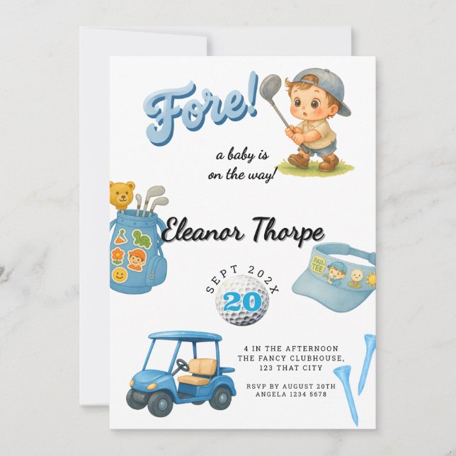 Invitación de Baby Shower al golf azul para niño (Anverso)