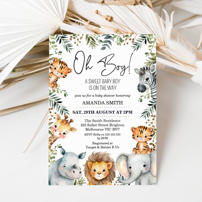 Invitación de Baby Shower al grupo Oh Boy Safari (Safari themed baby shower invitation for a baby boy featuring seven cute jungle animals and foliage.)