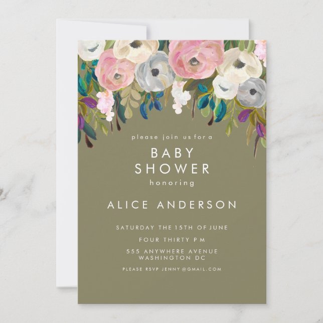 Invitación de Baby Shower al jardín floral pintado (Anverso)