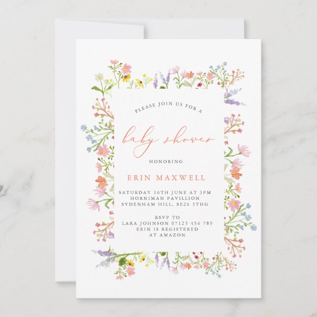Invitación de Baby Shower al marco rústico de flor (Anverso)